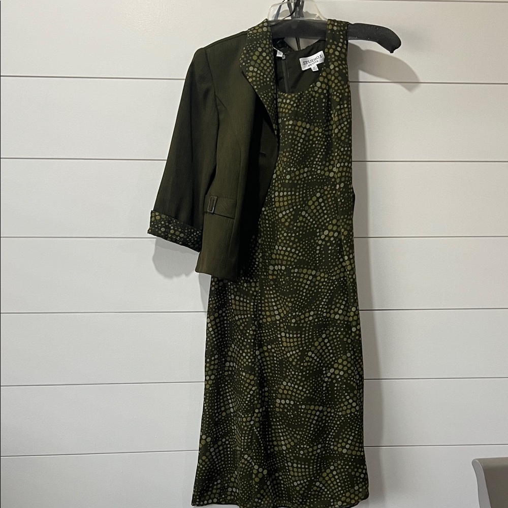 Studio I Olive Green Polka Dot Dress with Cropped Jacket